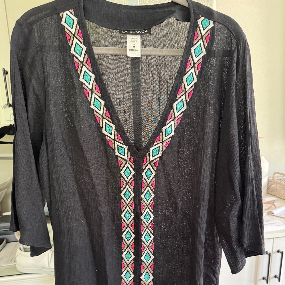 La Blanca Black Mesh Swim Coverup with Pink & Aqua Embroidered Trim